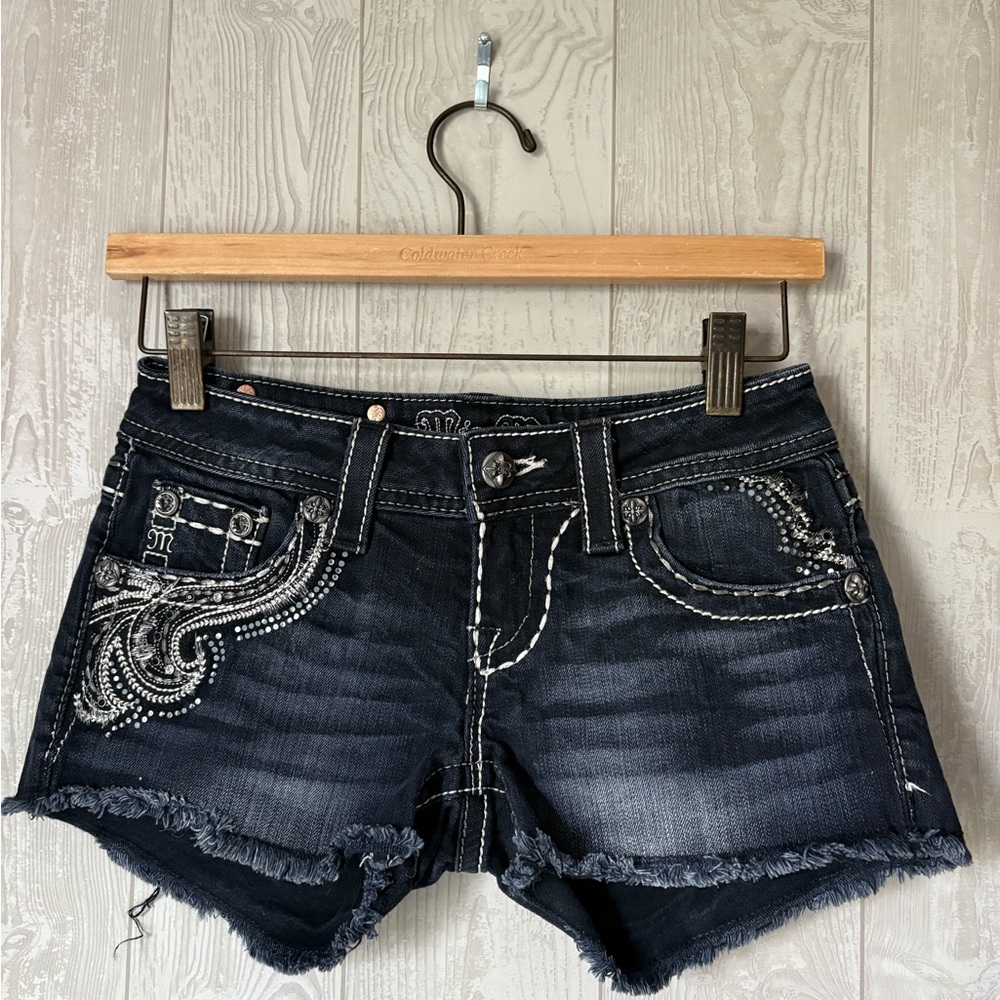 Miss Me Dark & Distressed Embellished Denim Shorts